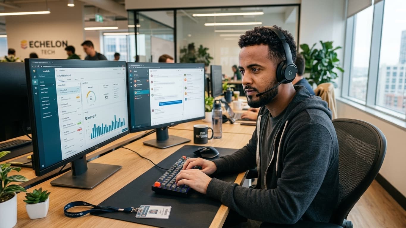A Rem Assist Pro agent working a support queue across two monitors